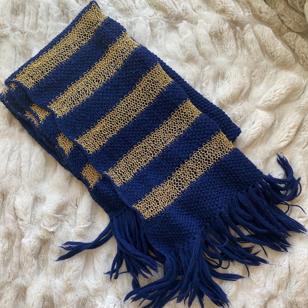 Woven Blue and Gold Fringe Scarf
